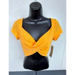 Almost Famous Women's Cropped Twist Front Short Sleeve Top Yellow Size Large NWT